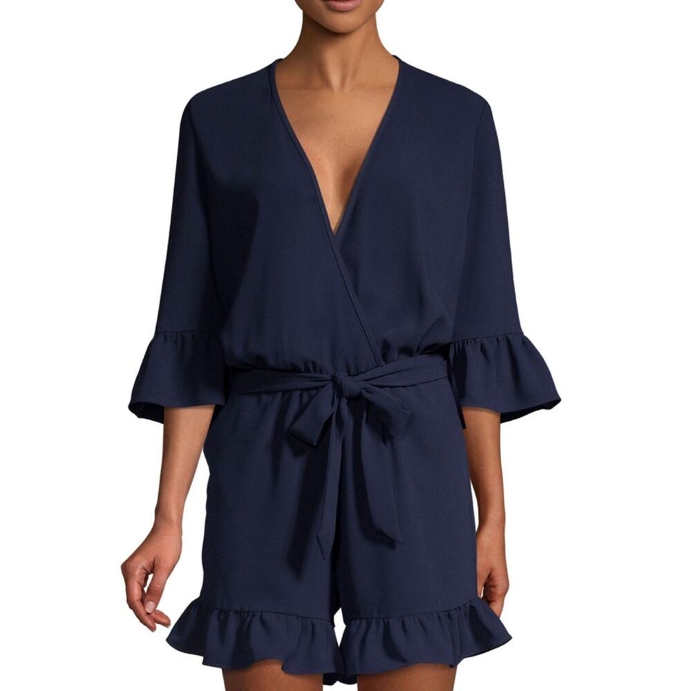 Trina Turk Te Amo Navy Ruffle Wrap Romper Pockets XS